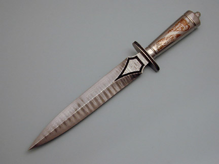 Brian Lyttle Daggers: Full view of Damascus dagger with mokume handle