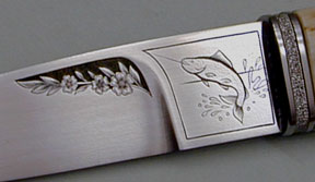 Brian Lyttle Custom Knifemaker: Closeup of engraving on Fishing Knife (Side 1)