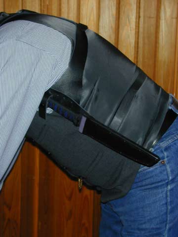 Brian Lyttle Custom Knifemaker: Tanto; jacket off; leaning forward (Tanto stays in line with body and does not flop forward)